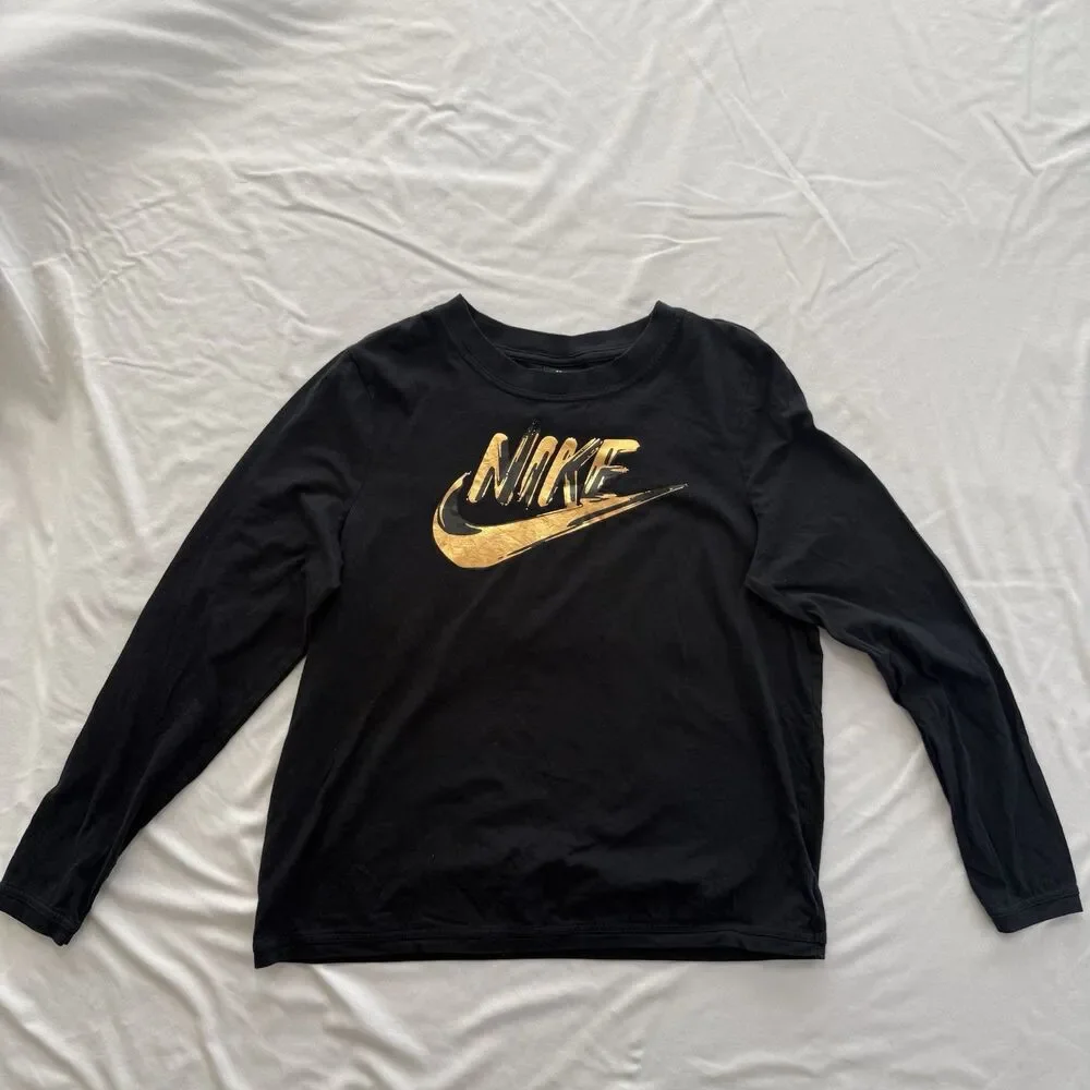 Nike Long Sleeve T-Shirt Kids Large Black with Metallic Lettering